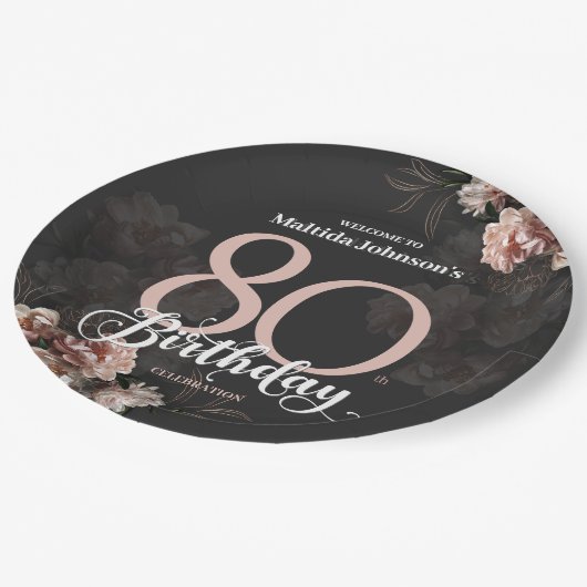 Blumenrosa 80. Geburtstag Pappteller (Schrägansicht)