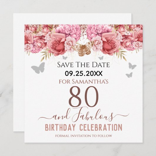 Blumenrosa 80. Geburtstag Save the Date (Vorne/Hinten)