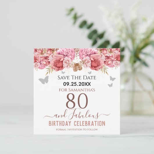 Blumenrosa 80. Geburtstag Save the Date (Stehend Vorderseite)
