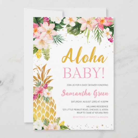 Blumenrosa Ananas Kinderdusche Einladung (Vorderseite)