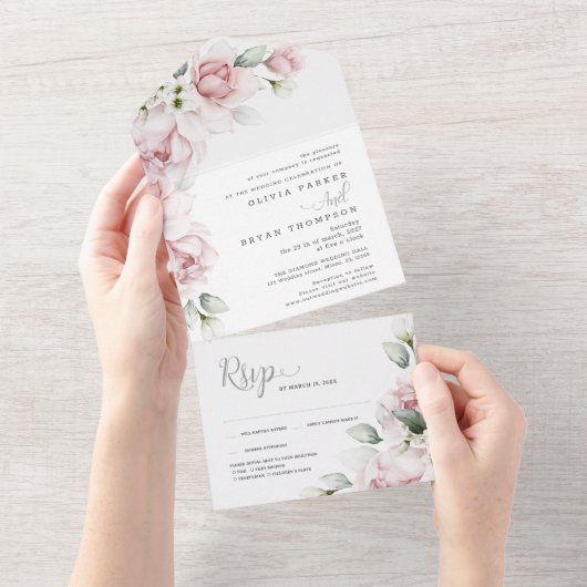 Blumenrosa | Aquarellfarben in einer Hochzeitsreis All In One Einladung (Abreißen)