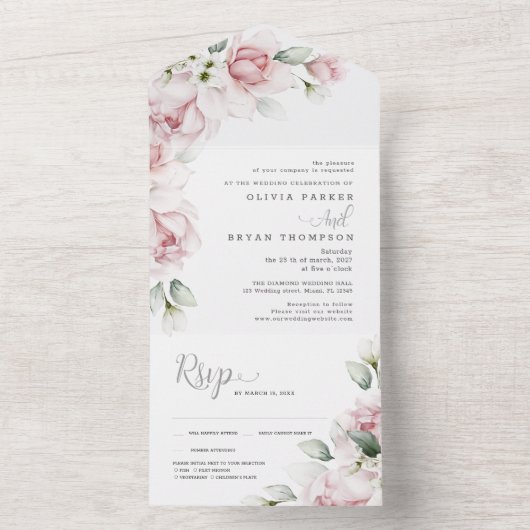 Blumenrosa | Aquarellfarben in einer Hochzeitsreis All In One Einladung (Innen Boden)