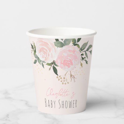 Blumenrosa Babydusche Papiertücher Pappbecher (Vorderseite)