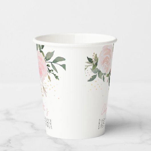 Blumenrosa Babydusche Papiertücher Pappbecher (Links)