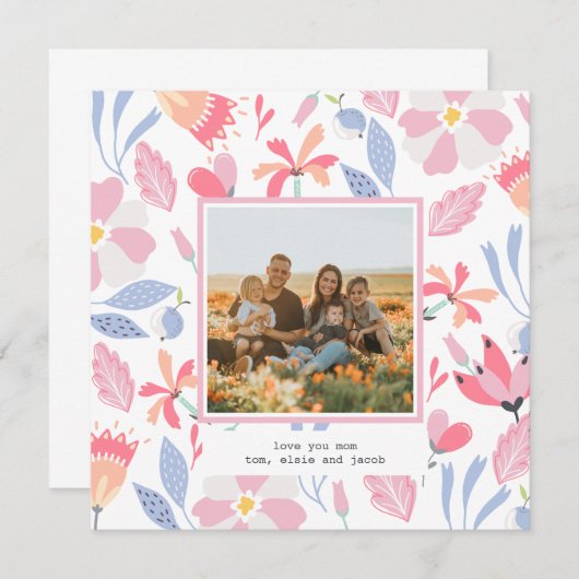 Blumenrosa Blau Foto Niedlicher Muttertag Mitteilungskarte (Vorne/Hinten)