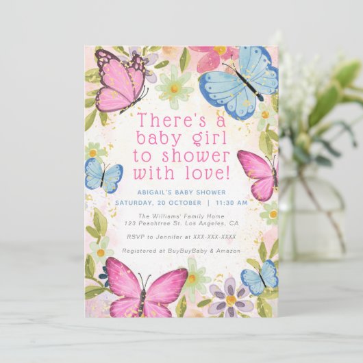 Blumenrosa/blau/goldfarbene Schmetterlinge Mädchen Einladung (Stehend Vorderseite)