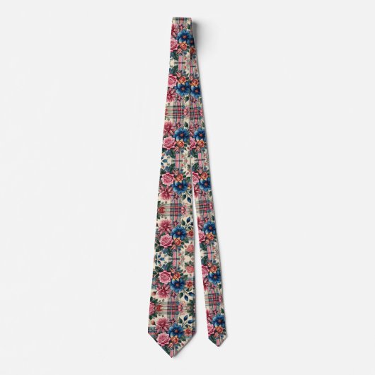 Blumenrosa blau kariert monogrammiert krawatte (Vorderseite)