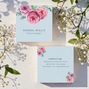 Blumenrosa Blume Einfach Blau Chic Quadratische Visitenkarte