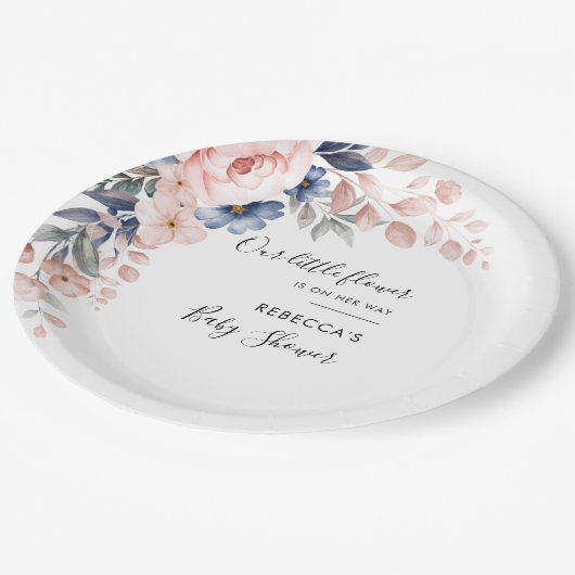 Blumenrosa Blume Wasserfarben Kinderdusche Pappteller (Schrägansicht)