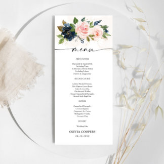 Blumenrosa Blumenduschmenü für Navy & Blush Menükarte