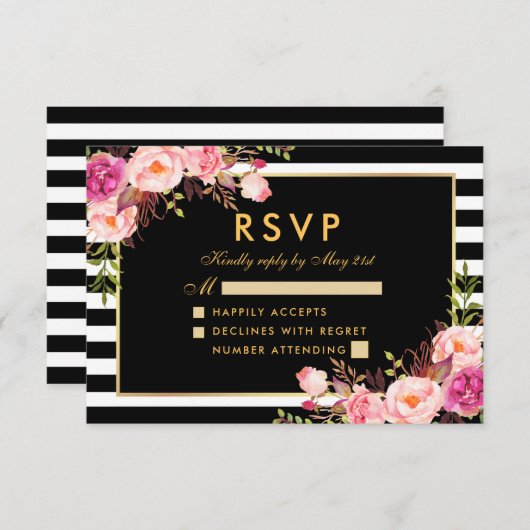 Blumenrosa Blush Gold Black UAWG Wedding RSVP Karte (Vorne/Hinten)