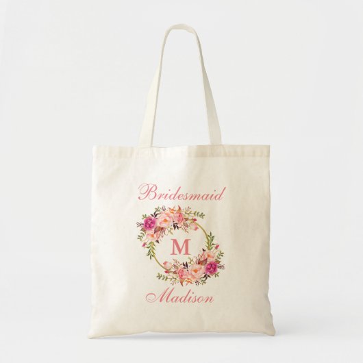 Blumenrosa Blush Gold Circle Monogram Bridesmaid Tragetasche (Vorne)