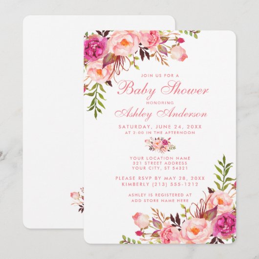 Blumenrosa Blush Kinderdusche Einladung R (Vorne/Hinten)