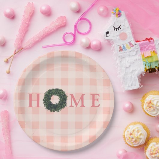 Blumenrosa Blush "ZUHAUSE" Typografie Bauernhof Pappteller (Party)