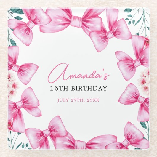 Blumenrosa Bow Coquette Sweet 16 Birthday Glasuntersetzer (Vorderseite)