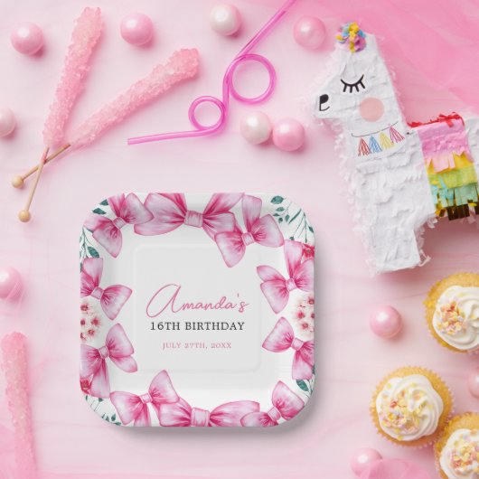 Blumenrosa Bow Coquette Sweet 16 Birthday Pappteller (Party)