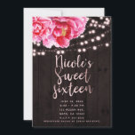 Blumenrosa Braun Rustikales Holz & Lights Süß 16 Einladung<br><div class="desc">Anpassen an Ihr Ereignis</div>