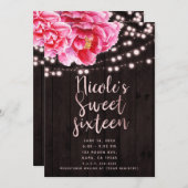 Blumenrosa Braun Rustikales Holz & Lights Süß 16 Einladung (Vorne/Hinten)