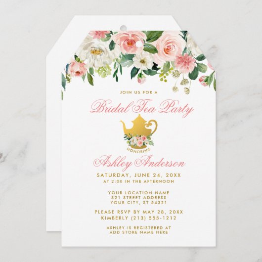 Blumenrosa Brautparty Tee Party Einladung Gold T (Vorne/Hinten)