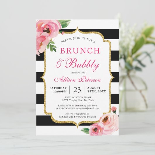 Blumenrosa Brunch & Bubbly Bridal Brunch Einladung (Stehend Vorderseite)