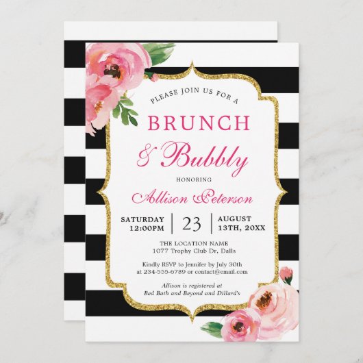Blumenrosa Brunch & Bubbly Bridal Brunch Einladung (Vorne/Hinten)