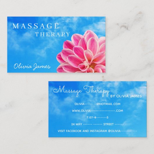 Blumenrosa Dahlia Blume wolkige Himmelmassage Visitenkarte (Vorne/Hinten)