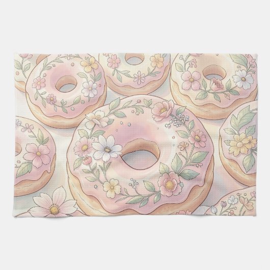 Blumenrosa Donuts Pastell Illustration Geschirrtuch (Horizontal)