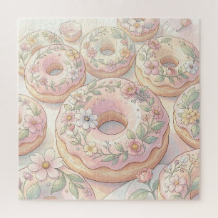 Blumenrosa Donuts Pastell-Illustration Puzzle