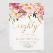 Blumenrosa Elegant 80. Geburtstagsfrauen Einladung (Vorne/Hinten)