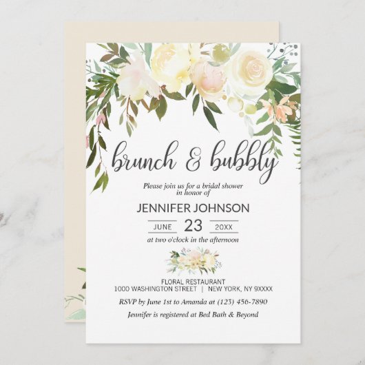 Blumenrosa Elfenbeinbrunch & Bubbles Brautparty Einladung (Vorne/Hinten)