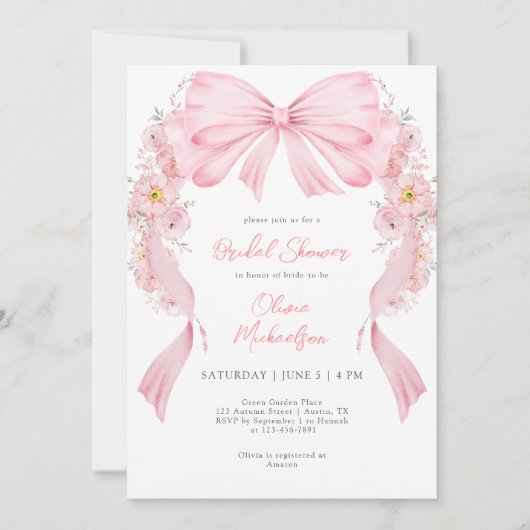Blumenrosa-Flachband-Arkadenbow Coquette-Brautpart Einladung (Vorderseite)
