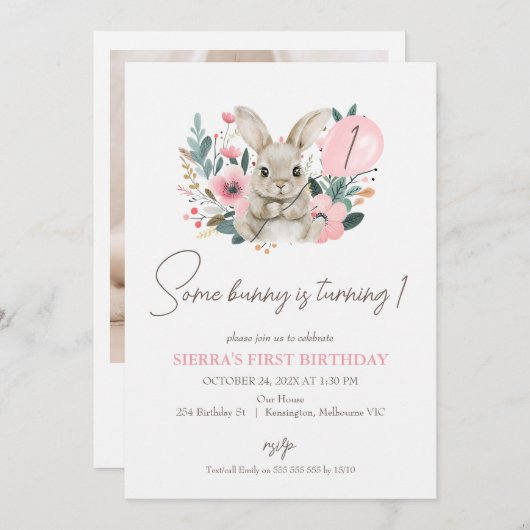 Blumenrosa Foto 1. Geburtstag sonnig Einladung (Vorne/Hinten)