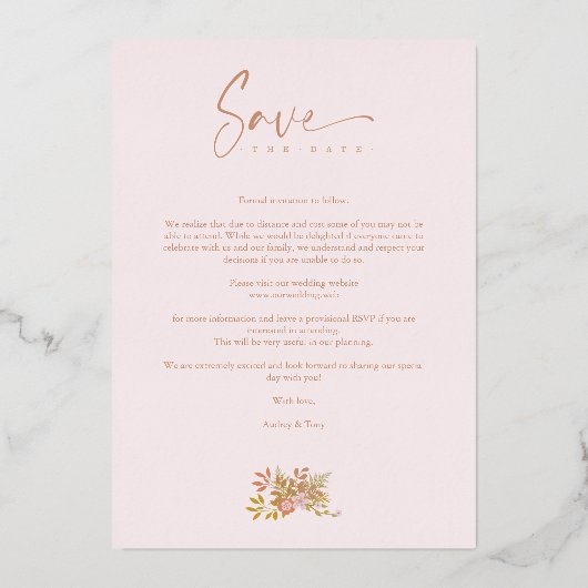 Blumenrosa-Foto Hochzeitssonne Folieneinladung (Rückseite)