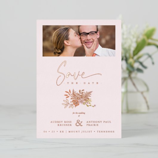 Blumenrosa-Foto Hochzeitssonne Folieneinladung (Stehend vorne)