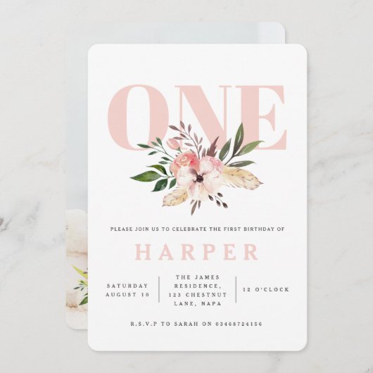 Blumenrosa Geburtstagsfeier Einladung Foto (Vorne/Hinten)