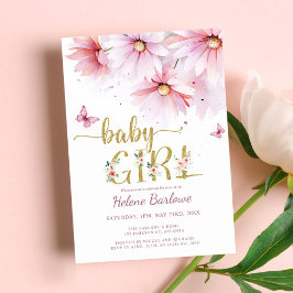 Blumenrosa Gold Botanische Girl-Babydusche Einladung