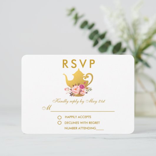 Blumenrosa Gold Brautparty Tee Party UAWG RSVP Karte (Stehend Vorderseite)