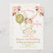 Blumenrosa Gold Bunny Birthday Einladung (Vorne/Hinten)