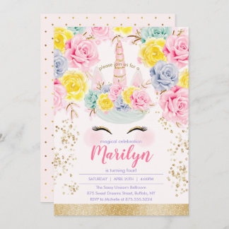 Blumenrosa & Gold Glitzer Einhorn Geburtstagsparty Einladung