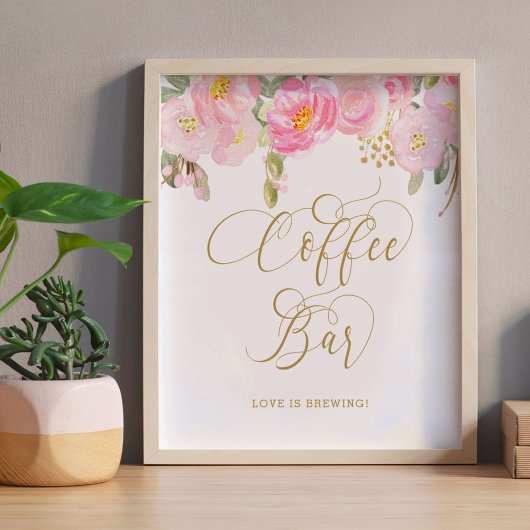 Blumenrosa Goldkalligrafie Kaffeezeichen Bar Poster