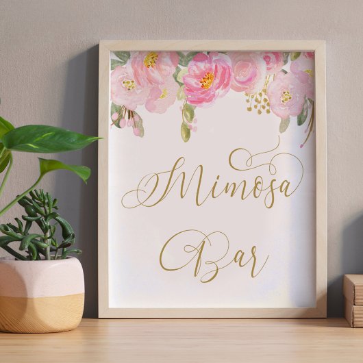 Blumenrosa Goldkalligrafie Mimosa Bar Sign Poster