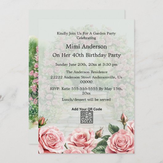 Blumenrosa/Grüne Gartenanlage Party Einladung zum (Vorne/Hinten)