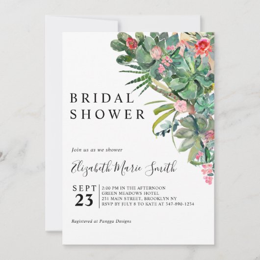 Blumenrosa Grüne Kakteen Sukkulentes Brautparty Einladung (Vorderseite)