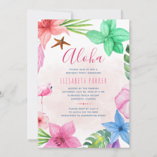 Blumenrosa Hawaiianische Luau Geburtstagsparty Einladung