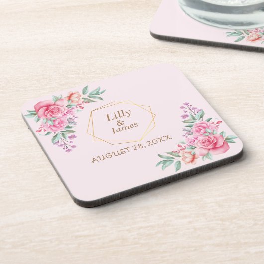 Blumenrosa Hochzeit Getränkeuntersetzer (Linke Seite)