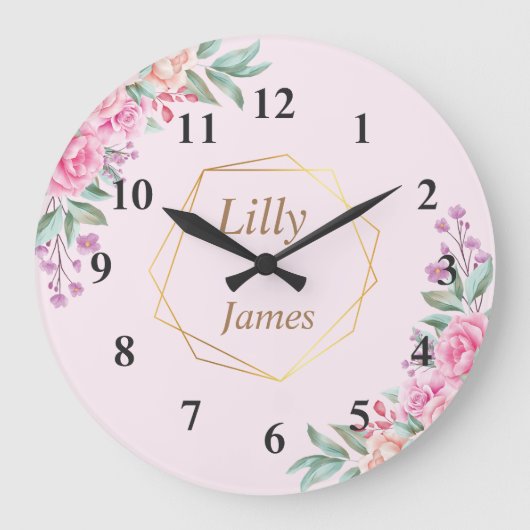 Blumenrosa Hochzeit Große Wanduhr (Vorderseite)