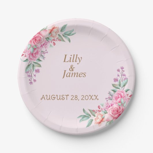 Blumenrosa Hochzeit Pappteller (Vorderseite)