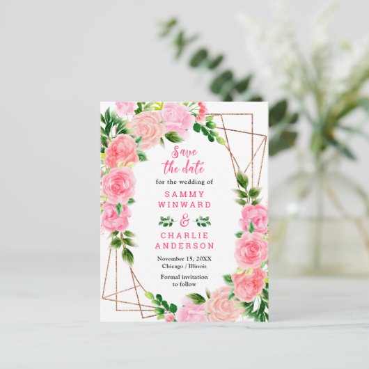 Blumenrosa-Hochzeiten speichern das Datum Postkarte (Stehend Vorderseite)