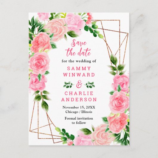 Blumenrosa-Hochzeiten speichern das Datum Postkarte (Vorderseite)