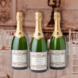 Blumenrosa Hochzeitsempfang mit Vintagem französis Schaumweinetikett